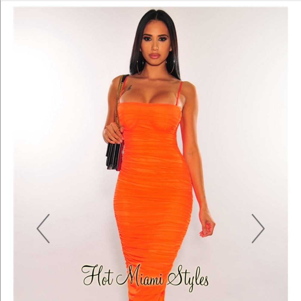 NEW hot Miami styles neon orange ruche dress L